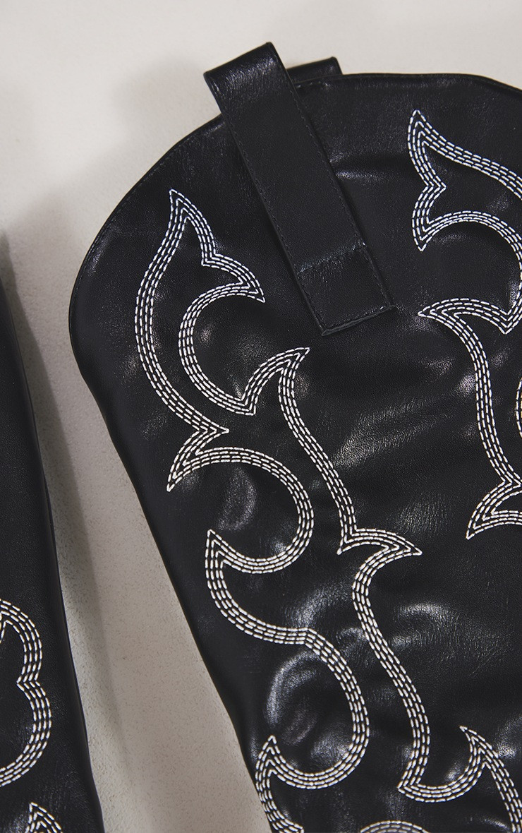 Black Faux Leather Contrast Stitch Detail Western Knee Boots | PrettyLittleThing US