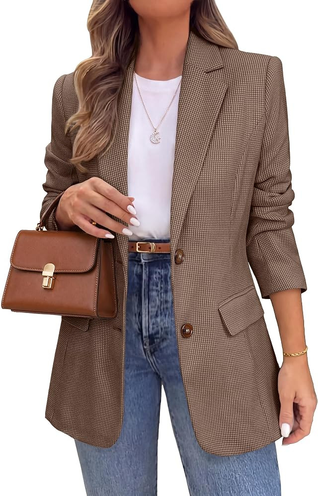 Simplee Womens Blazer Business Casual Houndstooth Plaid Tweed Suit Jackets | Amazon (US)