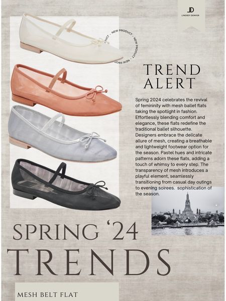 Spring 2024 celebrates the revival of femininity with mesh ballet flats taking the spotlight in fashion. Effortlessly blending comfort and elegance, these flats redefine the traditional ballet silhouette. Designers embrace the delicate allure of mesh, creating a breathable and lightweight footwear option for the season. Pastel hues and intricate patterns adorn these flats, adding a touch of whimsy to every step. The transparency of mesh introduces a playful element, seamlessly transitioning from casual day outings to evening soirees. 

#LTKstyletip #LTKover40 #LTKMostLoved