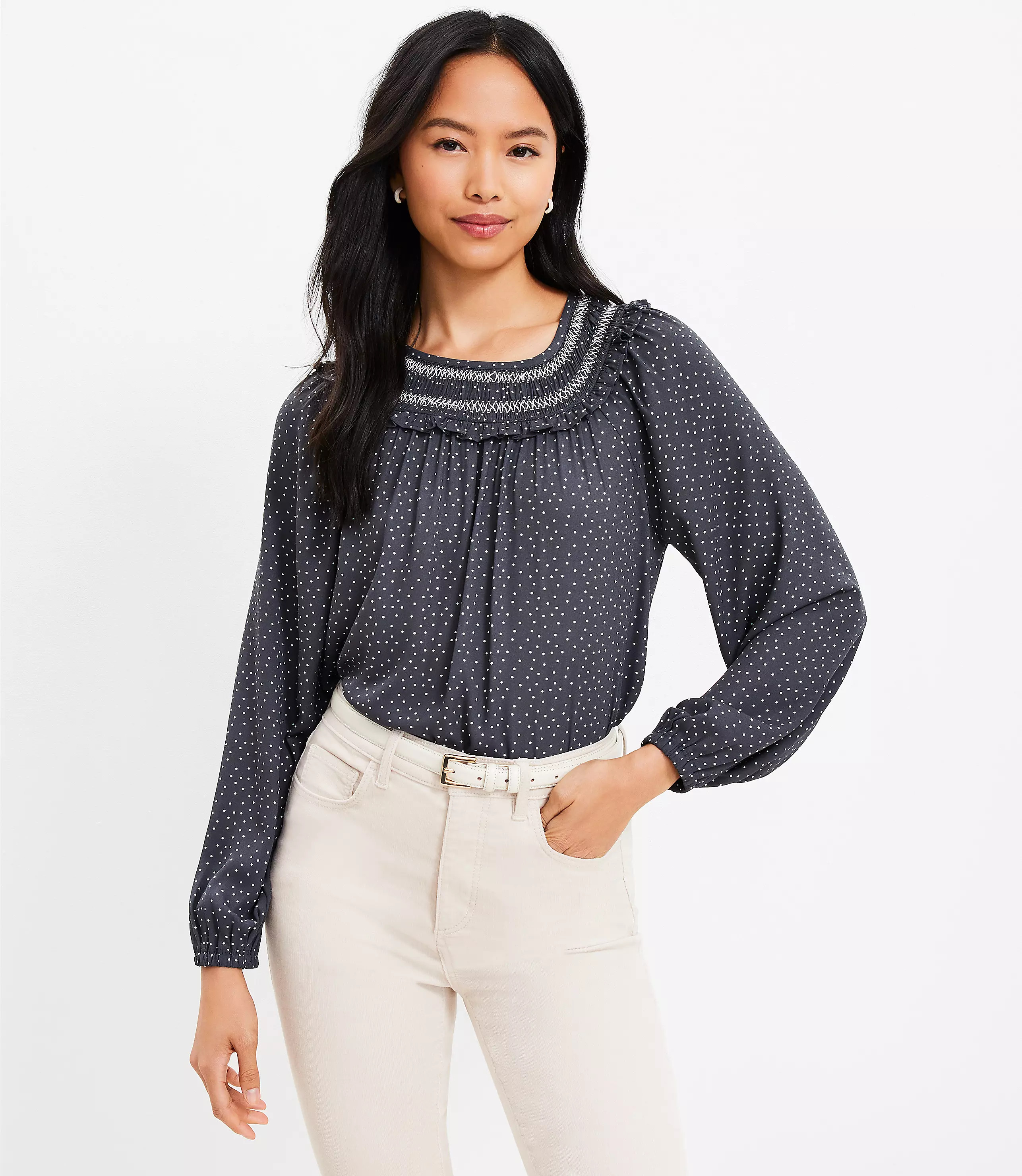 Dotted Smocked Mixed Media Blouse | LOFT