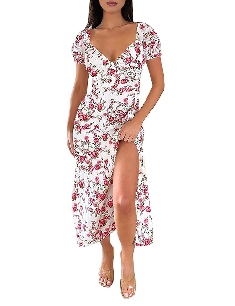 AIMCOO Womens Sweetheart V Neck Floral Midi Dress Short Puff Sleeve Side Split Smocked Back Casua... | Amazon (US)