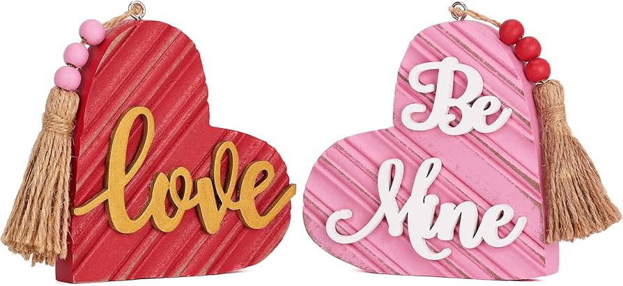 Valery Madelyn 2Pcs Valentines Day Heart Shaped Decorations, Textured Wooden Red Pink Heart Decor... | Amazon (US)