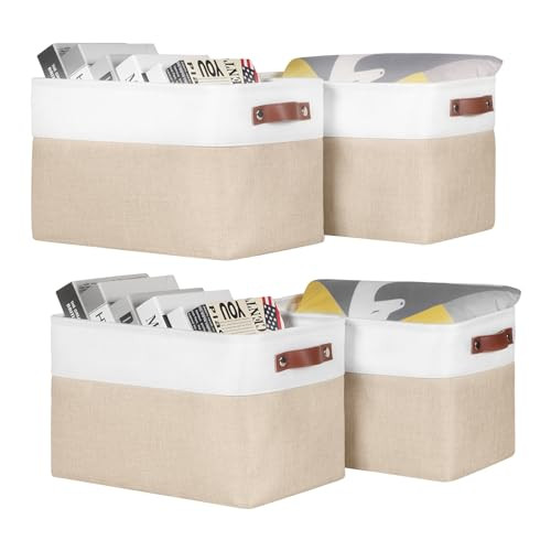 Univivi 15 inch Closet Organizer Bins with Handles Hard Bottom Fabric Storage Baskets for Shelves Storage Large Organizer Basket for Closet Organizing (Khaki- 4 Pack ) | Amazon (US)