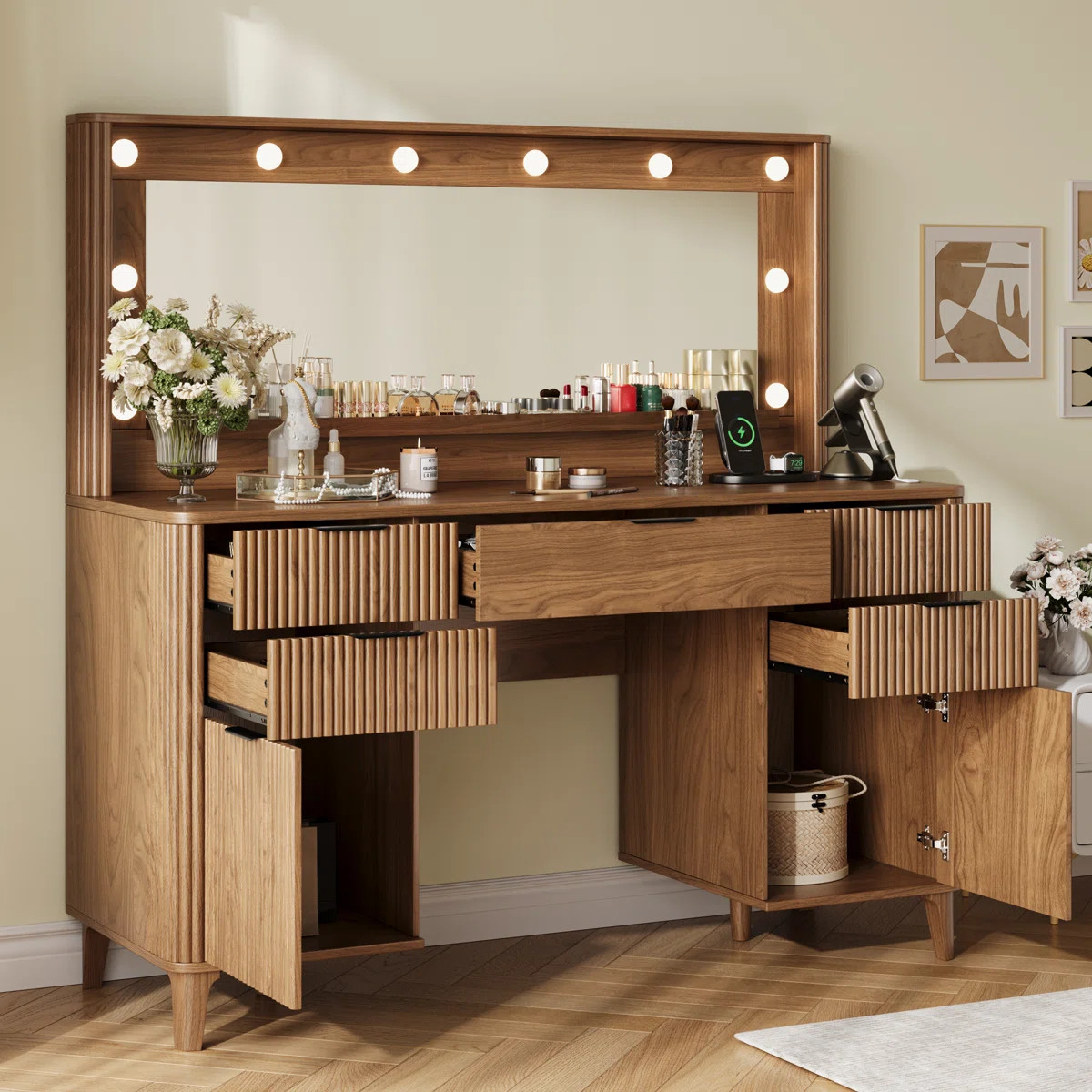 Fluted Makeup Vanity Desk With Large 39.3" Mirror And Lights | Wayfair North America