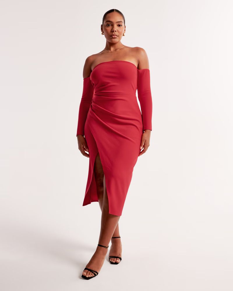 Women's Long-Sleeve Off-the-Shoulder Crepe Midi Dress | Women's Dresses & Jumpsuits | Abercrombie... | Abercrombie & Fitch (US)