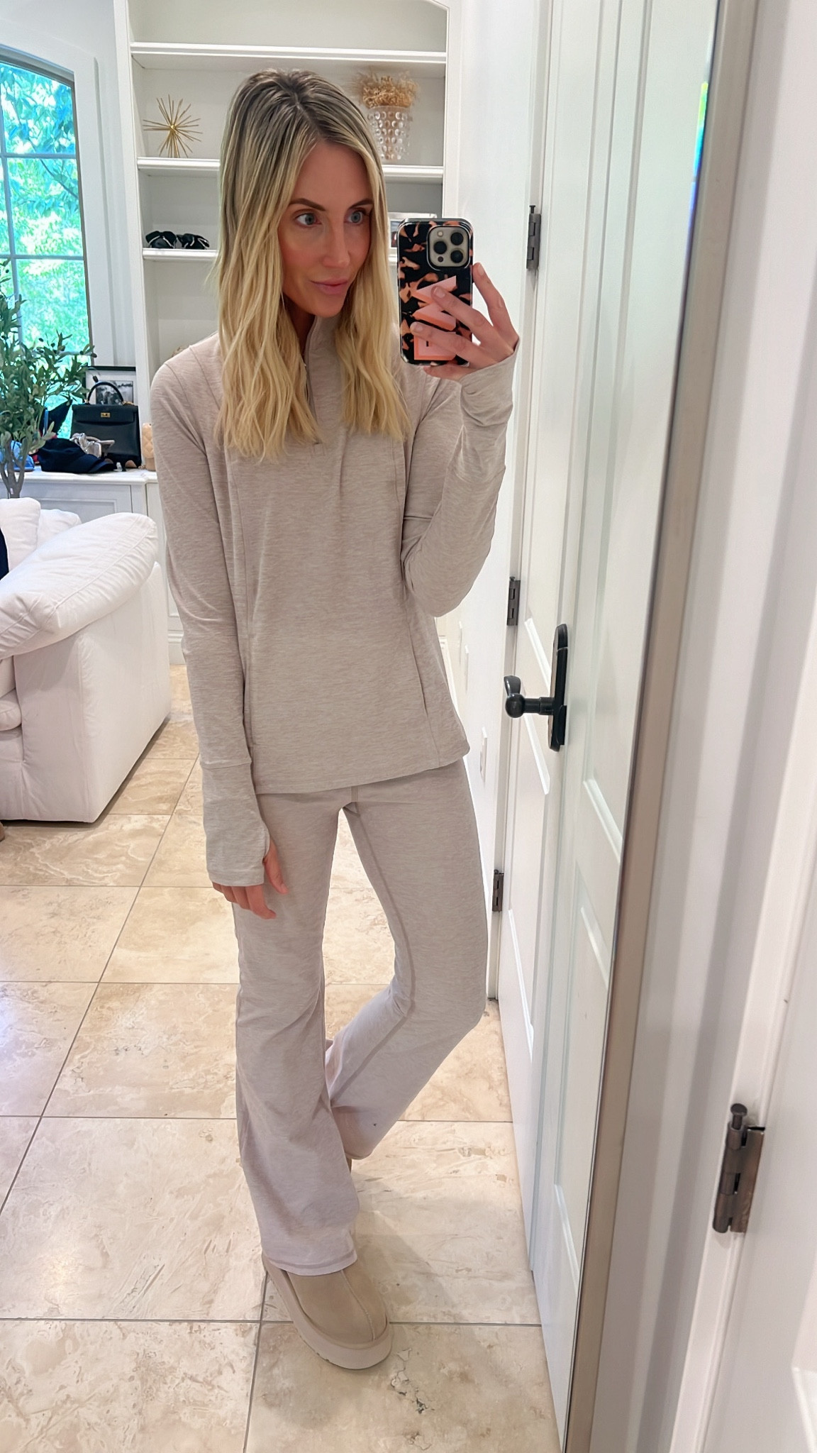 Love this neutral athleisure set. 
Wearing a size small in both. 