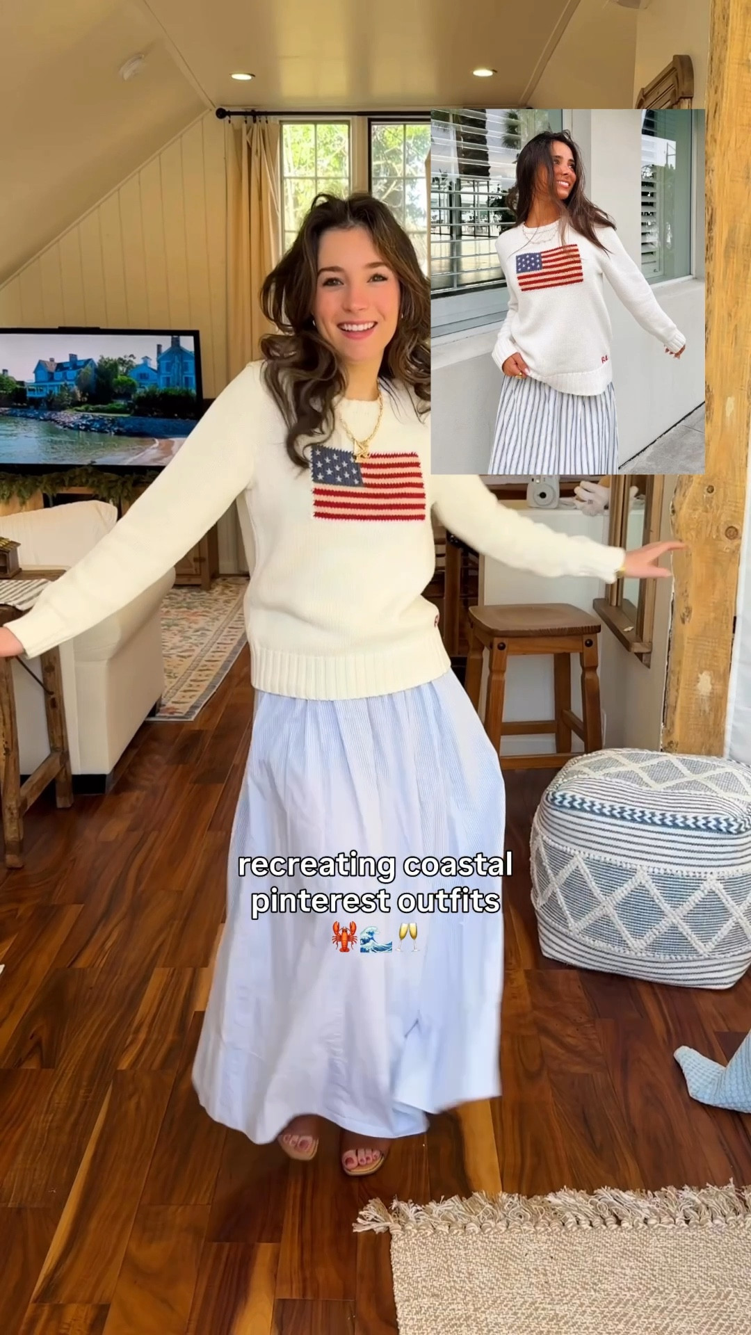 Recreating coastal grandmother pinterest outfits! 🌊🌞 I am wearing the boys size large in the Ralph Lauren flag sweater and XS in the skirt! 🌊🌞🤍 I am 5 foot 3!

American flag sweater  / flag sweater / white flag sweater / blue and white striped skirt / blue stripe skirt / blue stripe maxi skirt / coastal grandmother / coastal granddaughter / brown leather heels / box bag / woven box bag / woven bag / dainty gold watch / small gold watch

#LTKgrwm #LTKPetite #LTKootd