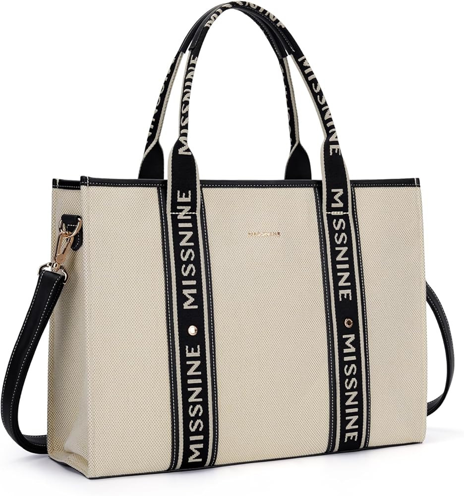 Missnine Tote Bag Canvas Laptop Bag 15.6 inch Briefcase for Women Large Capacity Handbag for Offi... | Amazon (US)