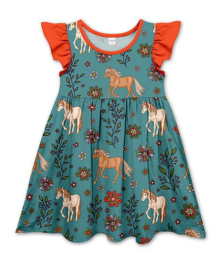 Penelope Plumm Ocean Floral & Horse Angel-Sleeve Dress - Toddler & Girls | Zulily