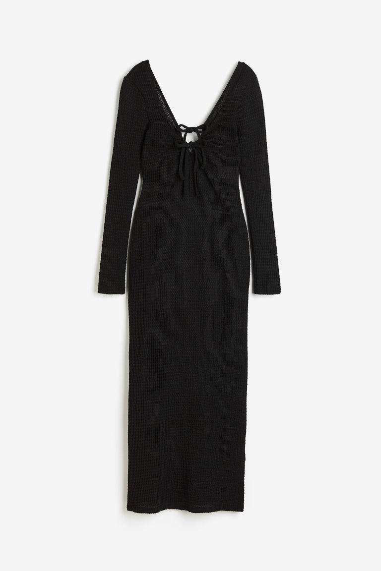 H & M - Textured-knit tie-detail dress - Black | H&M (UK, MY, IN, SG, PH, TW, HK)