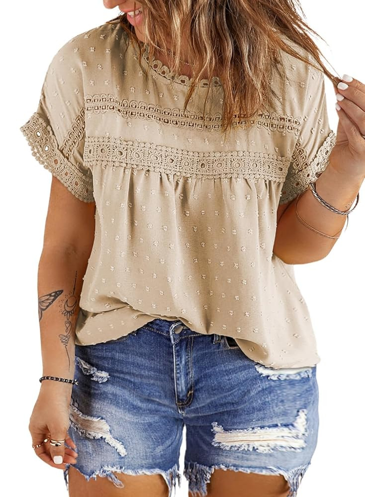 Eytino Women Plus Size Tops Crewneck Short Sleeve Lace Crochet Loose Casual Summer Blouses Shirts... | Amazon (US)