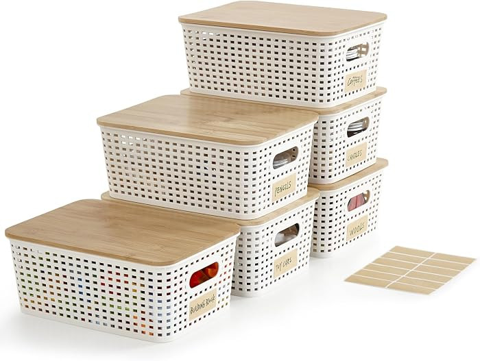 Small Plastic Storage Bins with Bamboo Lids 5.2qt Stackable Box Basket Pantry Decorative Containe... | Amazon (US)