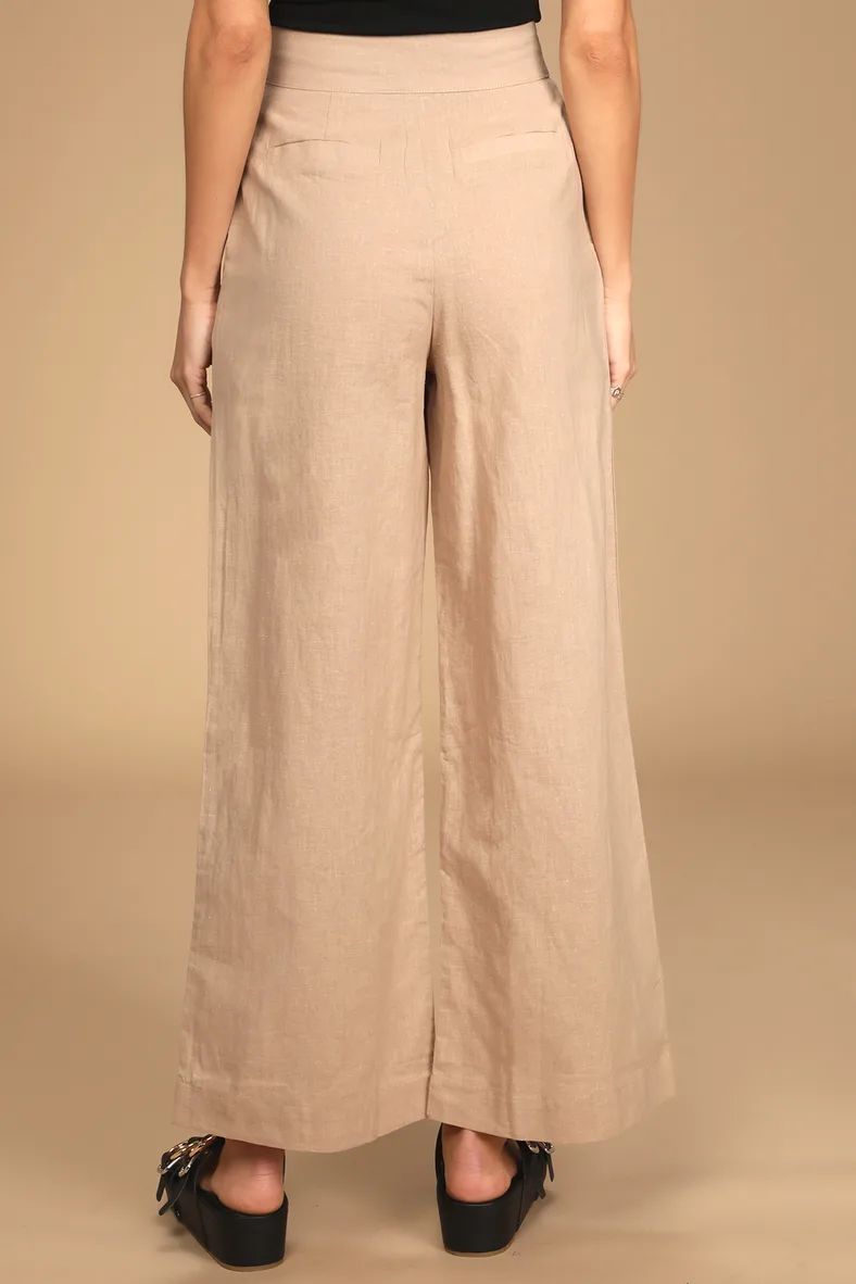 A New Spin Beige Wide-Leg Linen Button-Front Trouser Pants | Lulus (US)