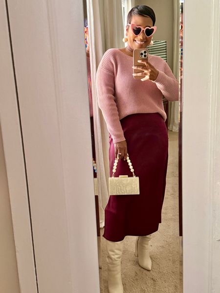 
Pink sweater
Purple satin slip dress purple midi skirt 
White boots 

Galentine’s outfit 
Valentines Day outfit 
Winter outfit 

#LTKstyletip #LTKSeasonal
