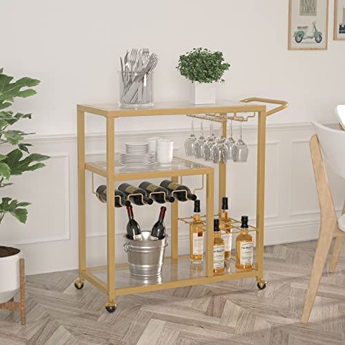 3-Tier Bar Cart Glass Kitchen Serving Cart with Lockable Wheels, Handle, Wine Rack and Glass Hold... | Amazon (US)