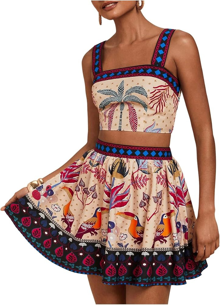Floerns Women's Two Piece Outfit Tropical Crop Cami Top and Summer Skirts Set | Amazon (US)