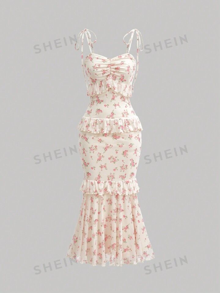 SHEIN MOD Dreamy Floral Printed High Low Hem Multi-Layer Ruffle Mermaid Wedding Women Dress | SHEIN