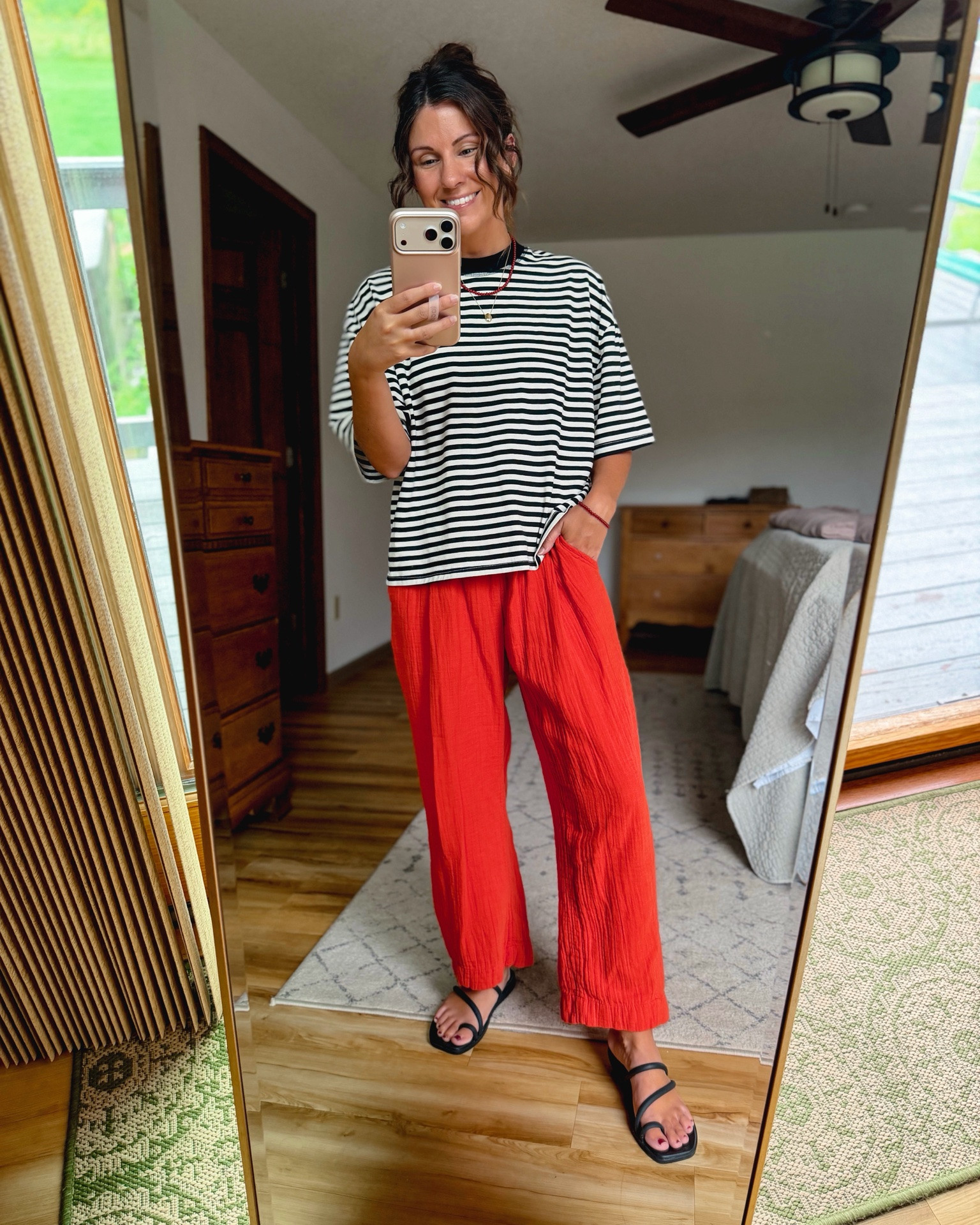 xs in my striped shirt (I also have the long sleeve shirt in brown stripes). Xs short/petite in these red gauze cotton pants (selling out—linking similar!) and 6 in my croc sandals

#LTKPetite #LTKgrwm #LTKootd