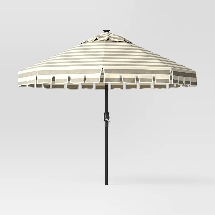 9'x9' Scalloped Patio Umbrella Cabana Stripe Black - Black Pole - Threshold™ | Target