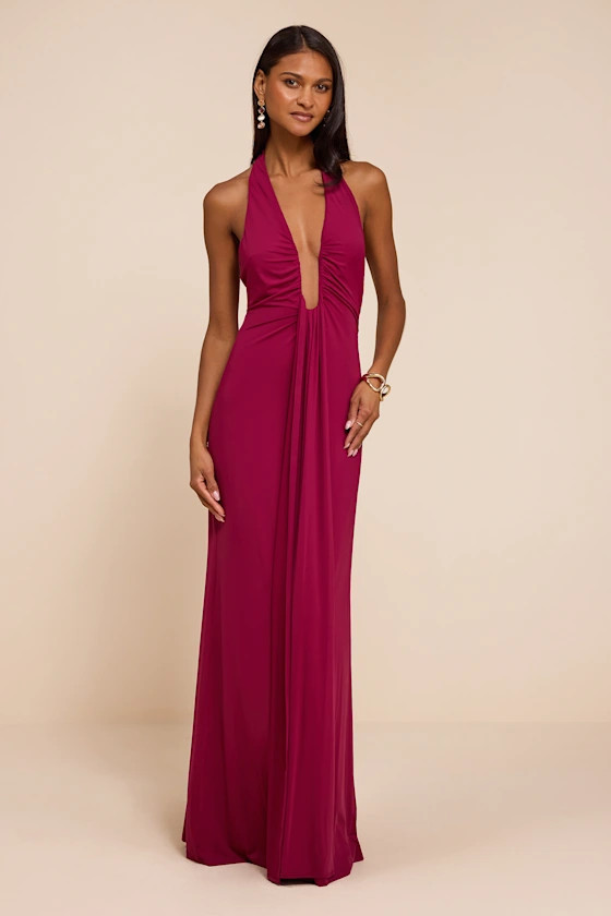 Dorena Berry Red Jersey Knit Halter Sash Maxi Dress | Lulus