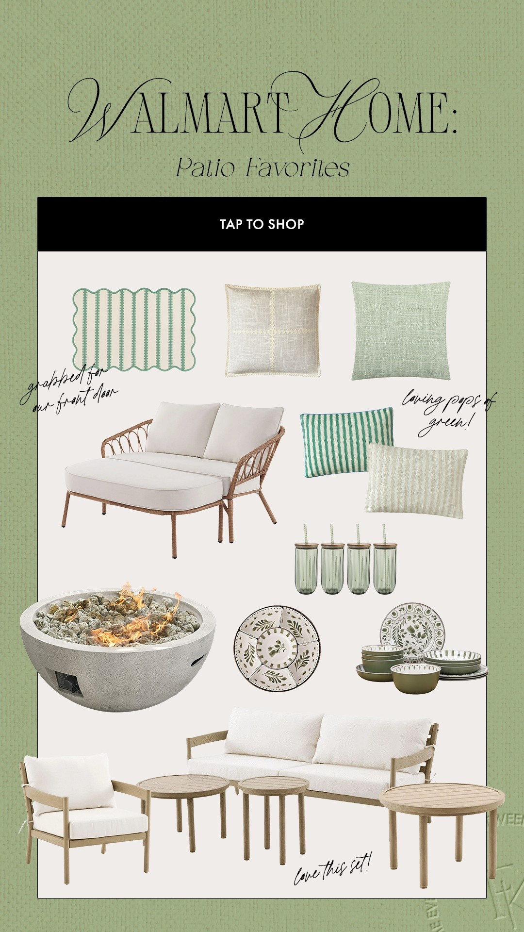 Walmart patio faves 🫶🏼 loving all things green! They have the cutest pieces — pillows, rugs, outdoor serveware! 

Walmart home, better homes and garden, patio finds, patio favorites 

#LTKFindsUnder100 #LTKSeasonal #LTKHome