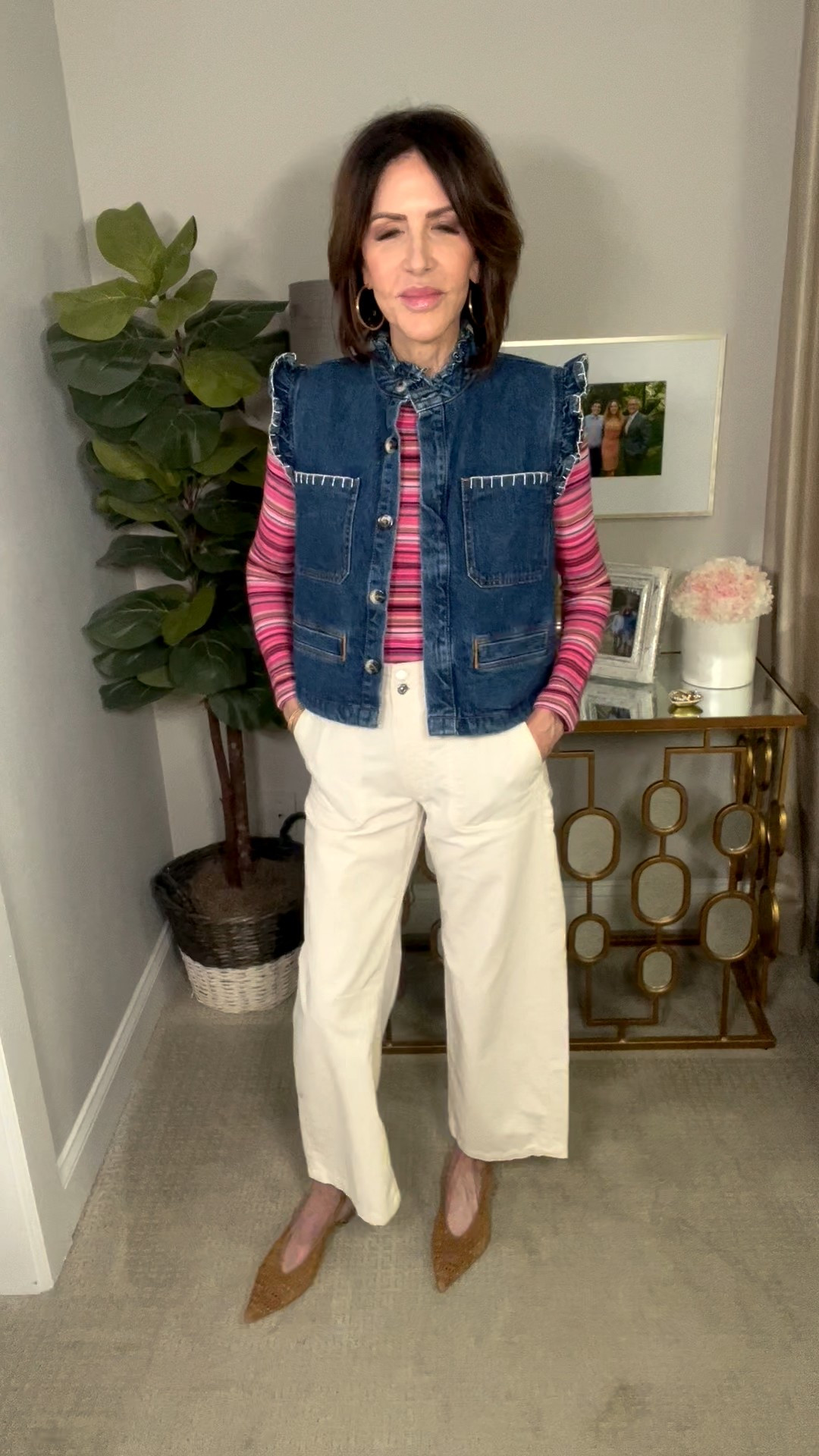 pink striped top, denim vest, wide leg pants, suede heels, over 50 outfits, spring outfit 

#LTKSeasonal #LTKOver40 #LTKootd