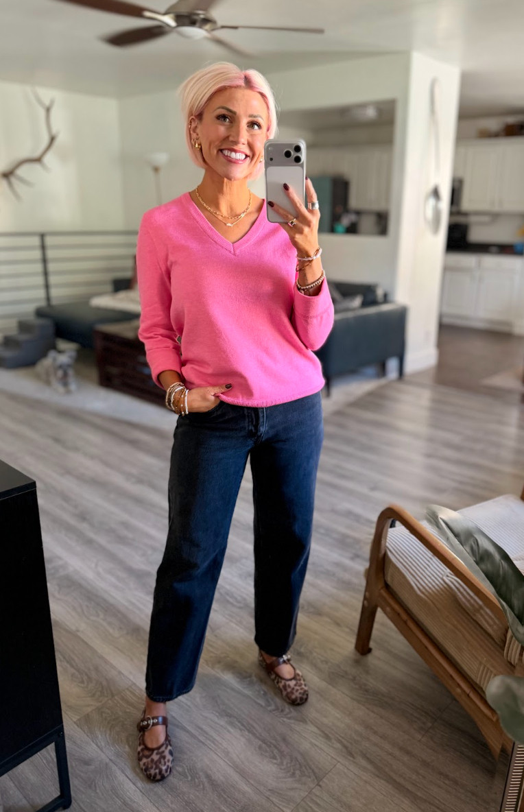 Loving this comfy pink sweater with my favorite jeans! Sweater: Small // Jeans: 28 // Shoes: TTS 

 #LTKootd #LTKSeasonal #LTKSaleAlert