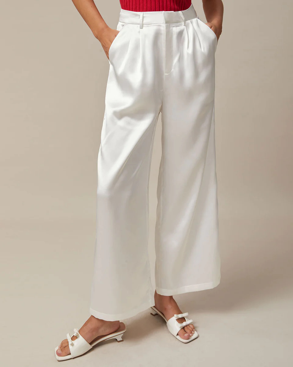 The White High Waisted Satin Wide Leg Pants - High Waisted Wide Leg Zipper Solid Satin Pants - Wh... | rihoas.com