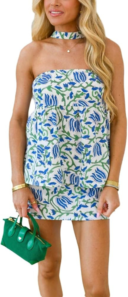 Wuitrie Women Two Piece Mini Skirt Set with Scarf Cute Floral Tube Crop Tops High Waisted Mini Sk... | Amazon (US)