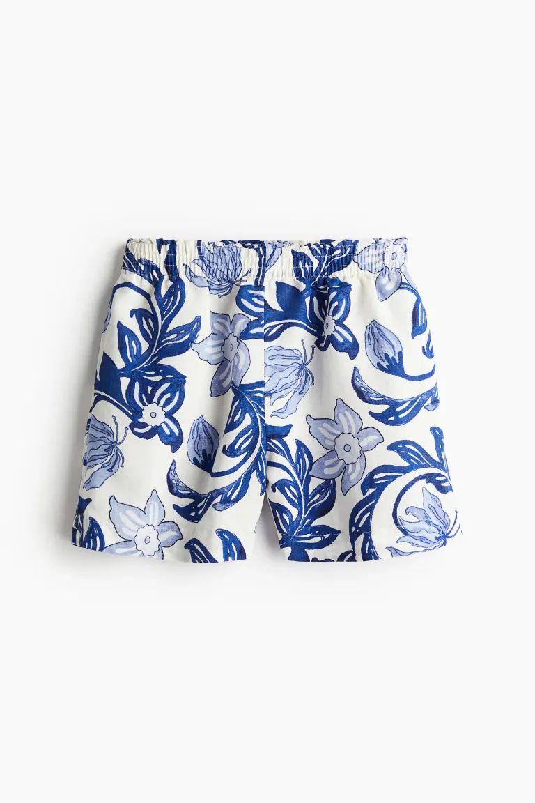Linen-blend Pull-on Shorts - High waist - White/blue floral - Ladies | H&M US | H&M (US + CA)