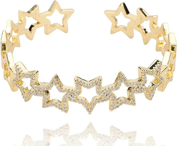 VINTAGE HAVANA Pave CZ Star Cuff Bracelets For Women 18K Gold Plated Gold Cuff Bracelet Adjustabl... | Amazon (US)