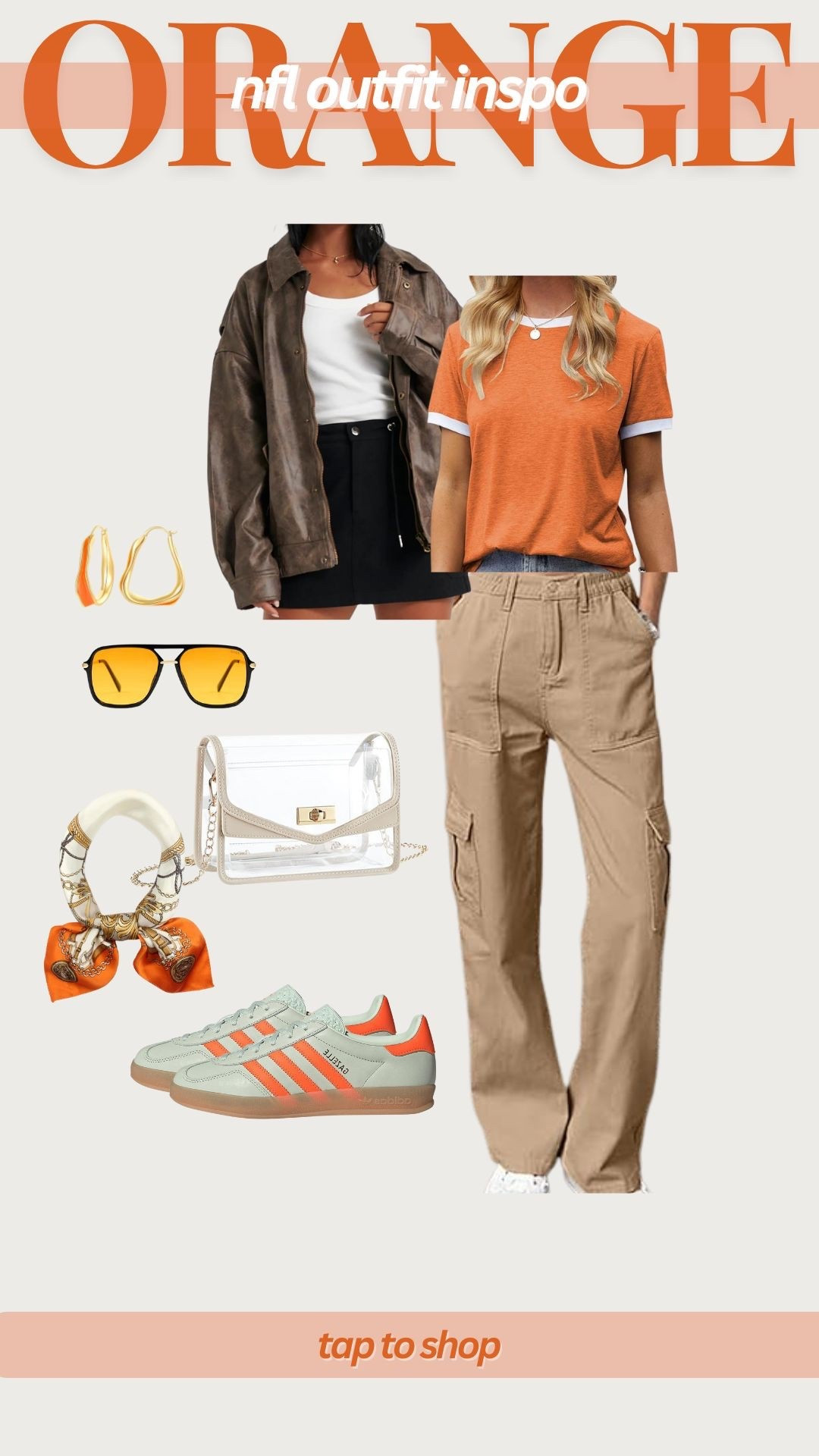 NFL game day outfit, football game outfit, orange and navy outfit, orange sports team outfit, Chicago bears outfit, Cincinnati bengals outfit, Denver broncos outfit 
