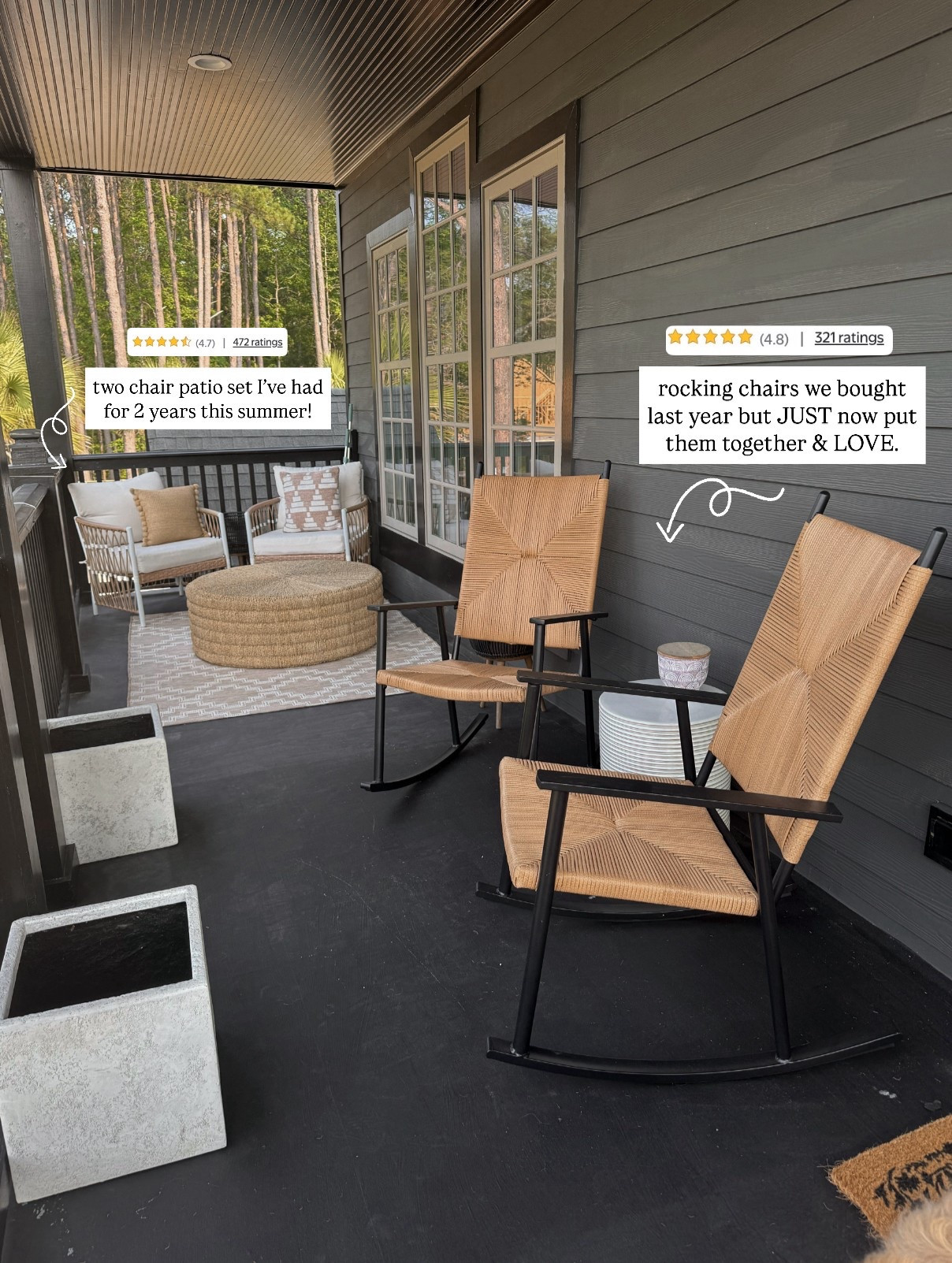 Top deck porch so far 🖤 The rugs are old from Target! But I genuinely LOVE the Walmart furniture we have out here. I’ve had this set of chairs for almost 2 years now & they are great! Also bought the rockers last year but just now put them together & they’re amazing too! 🙌🏼

Outdoor patio / home decor / patio / porch / pressure washer / sun joe / amazon finds / home projects / reel / mini vlog / DIY / Holley Gabrielle 

#LTKHome #LTKSeasonal #LTKSummerEdit