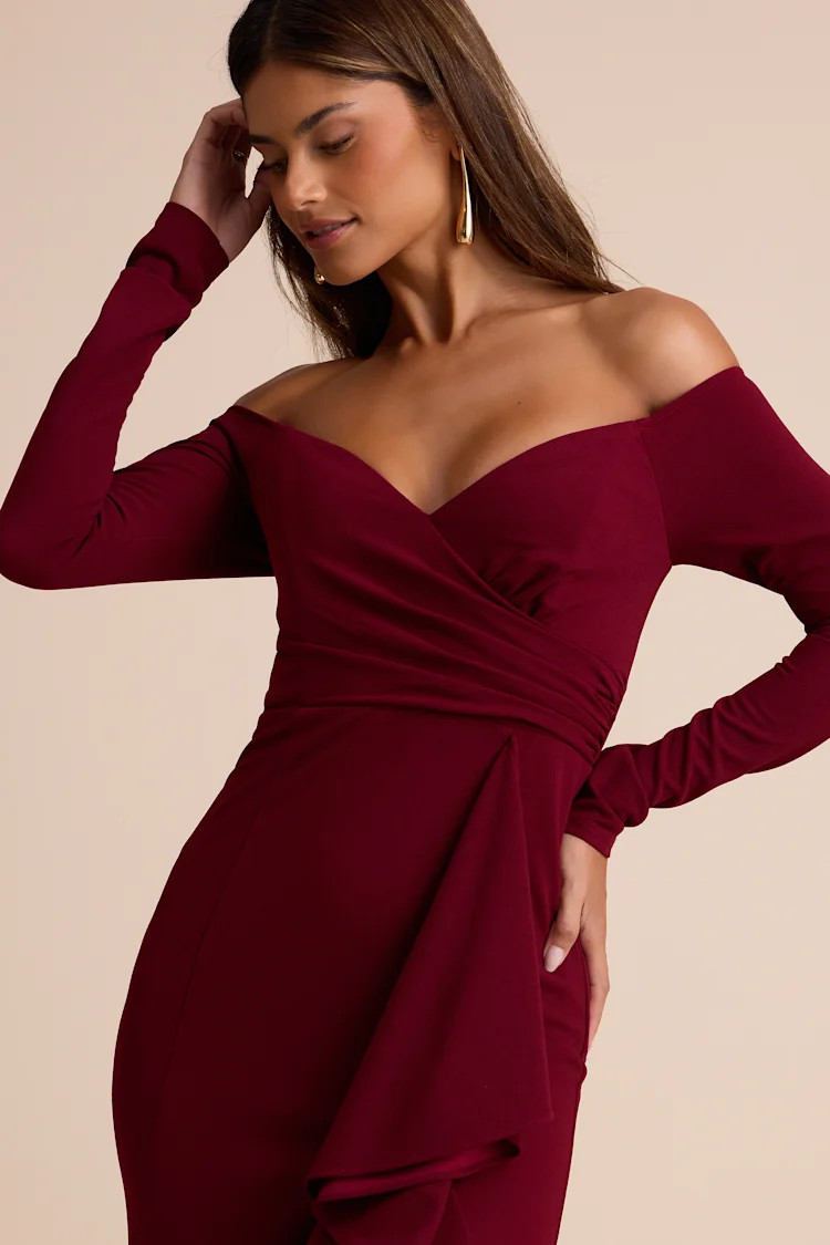 Notorious Perfection Wine Off-the-Shoulder Ruffled Maxi Dress | Lulus
