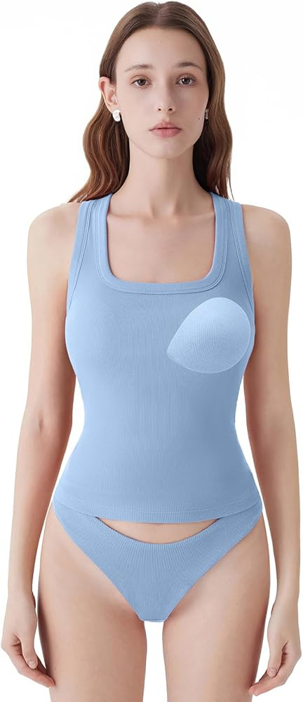 Womens Padded Cotton Ribbed Tank Tops Square Neck Racerback Basic Tops | Amazon (US)