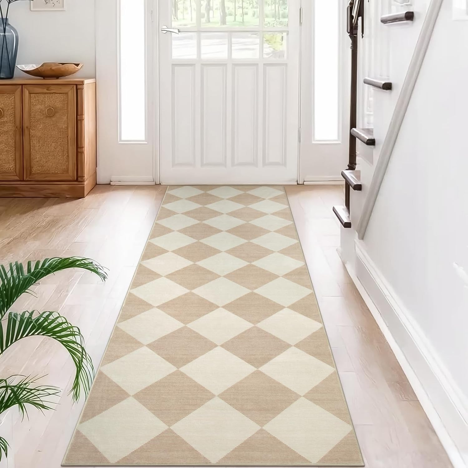 Checkered Print Rug Runners for Hallways Non Slip 2.5x8, Ultra Thin Beige Kitchen Runner Rugs Non Skid Washable, Classic Neutral Gingham Decor Faux Wool Carpet for Bathroom Bedroom Entryway | Amazon (US)