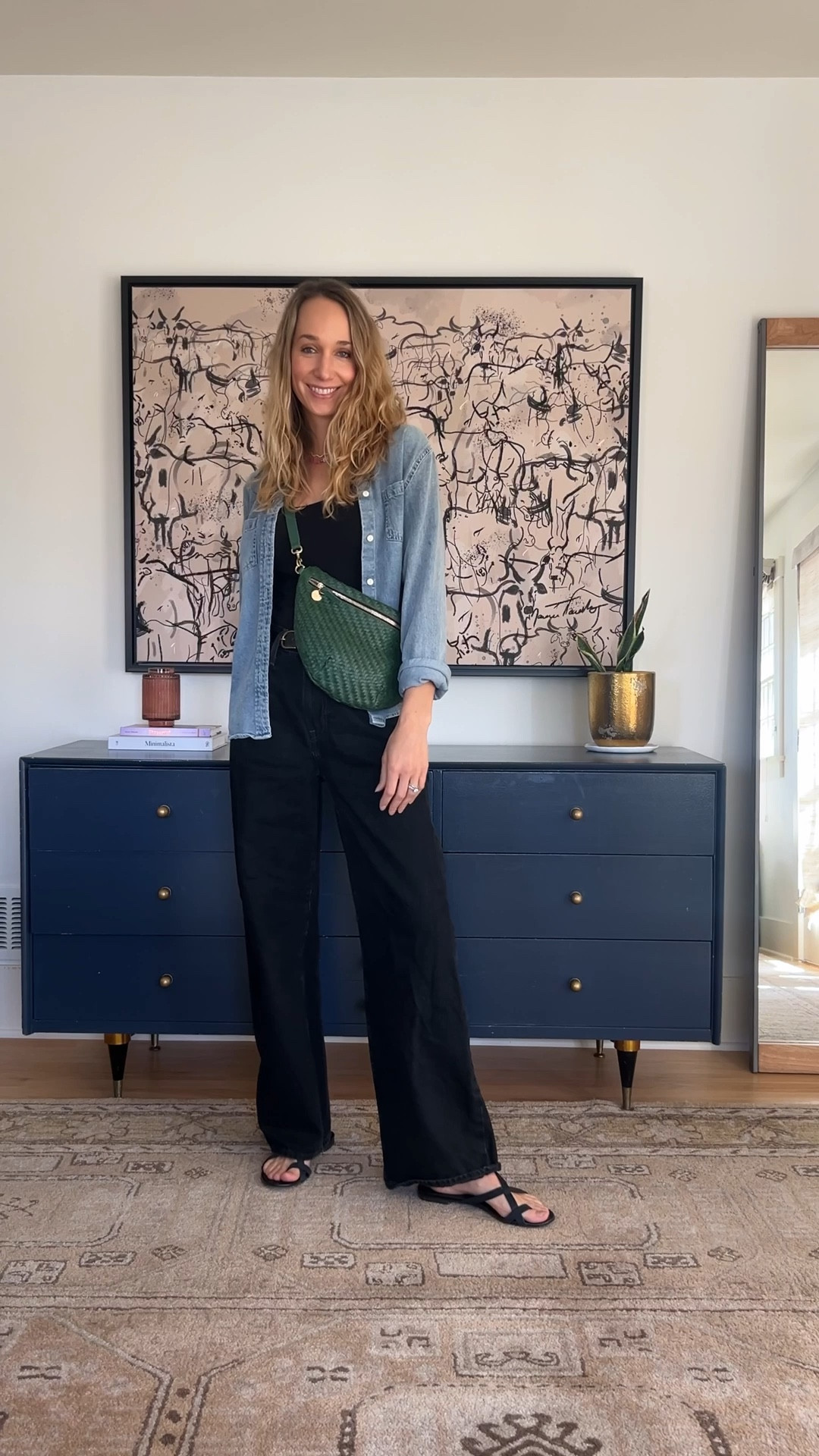 All black, denim shirt, fanny pack, Clare v grande fanny, woven bag, green bag, wide leg jeans outfit 

#LTKItBag #LTKSeasonal #LTKShoeCrush