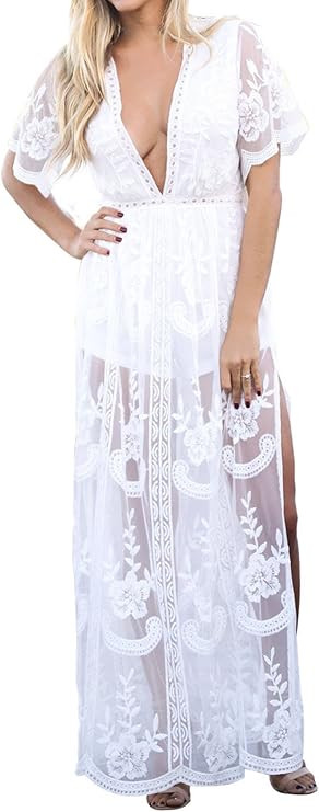 Eleter Women's Deep V-Neck Lace Romper Short Sleeve Long Dress | Amazon (US)