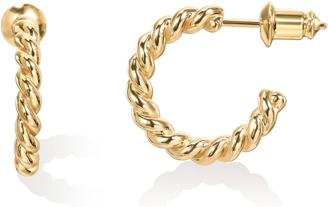 PAVOI 14K Gold Plated 2.5mm Twisted Rope Hoop Earrings for Women | Round Hoops Earrings | Amazon (US)