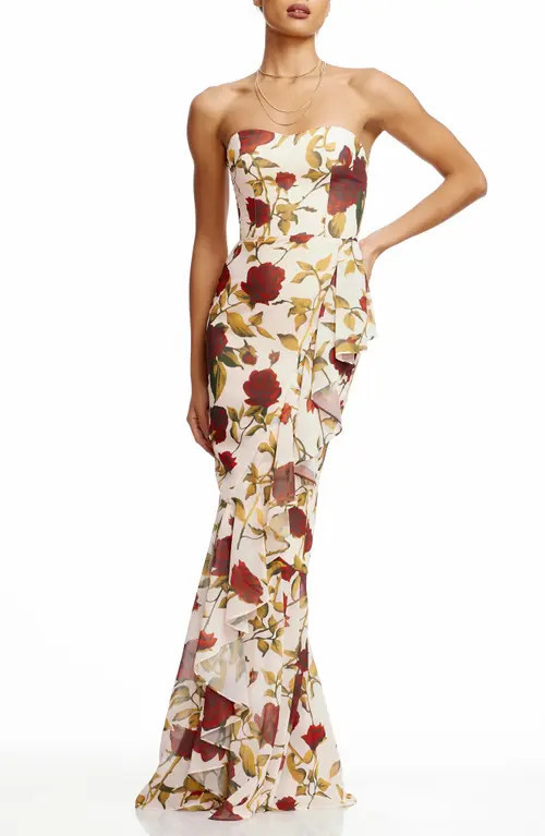 Dress the Population Paris Floral Ruffle Strapless Gown in Cream Multi at Nordstrom, Size X-Small | Nordstrom