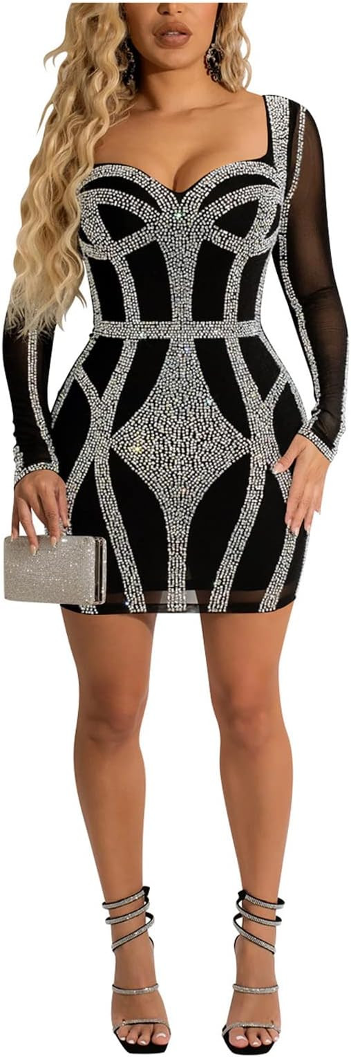 KRICESSEEN Sexy Rhinestone Crystal Mesh Patchwork Sheer Bodycon Dress Womens See-Through Birthday... | Amazon (US)