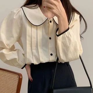 Long-Sleeve Peter Pan Collar Contrast Trim Pleated Loose Fit Shirt | YesStyle Global