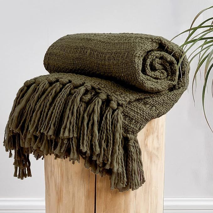 Chunky Knit Throw Blanket, Olive Green Soft Warm Cozy Bed Throw Blanket with Tassels, Boho Style ... | Amazon (US)