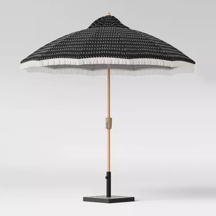 9' Vee Stripe Carousel Patio Umbrella DuraSeason Fabric™ White Fringe - Light Wood Pole - Opalh... | Target