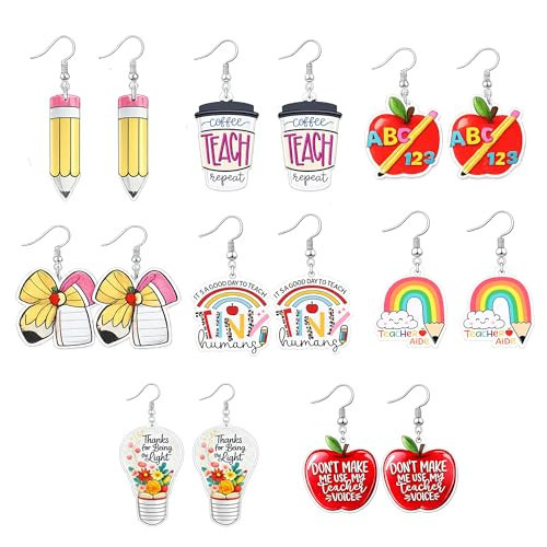 8 Pairs Teacher Appreciation Earrings Set for Women, Acrylic Dangle Teacher Earrings with Storage Box, Pencil Apple Rainbow Classroom Designs, Teacher Gift Accessories | Amazon (US)