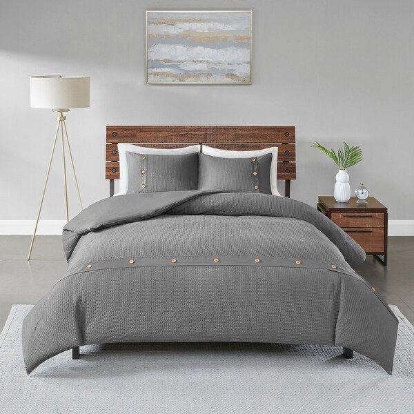 Madison Park Rianon Grey Cotton Waffle Weave Duvet Cover Set - King - Cal King | Bed Bath & Beyond