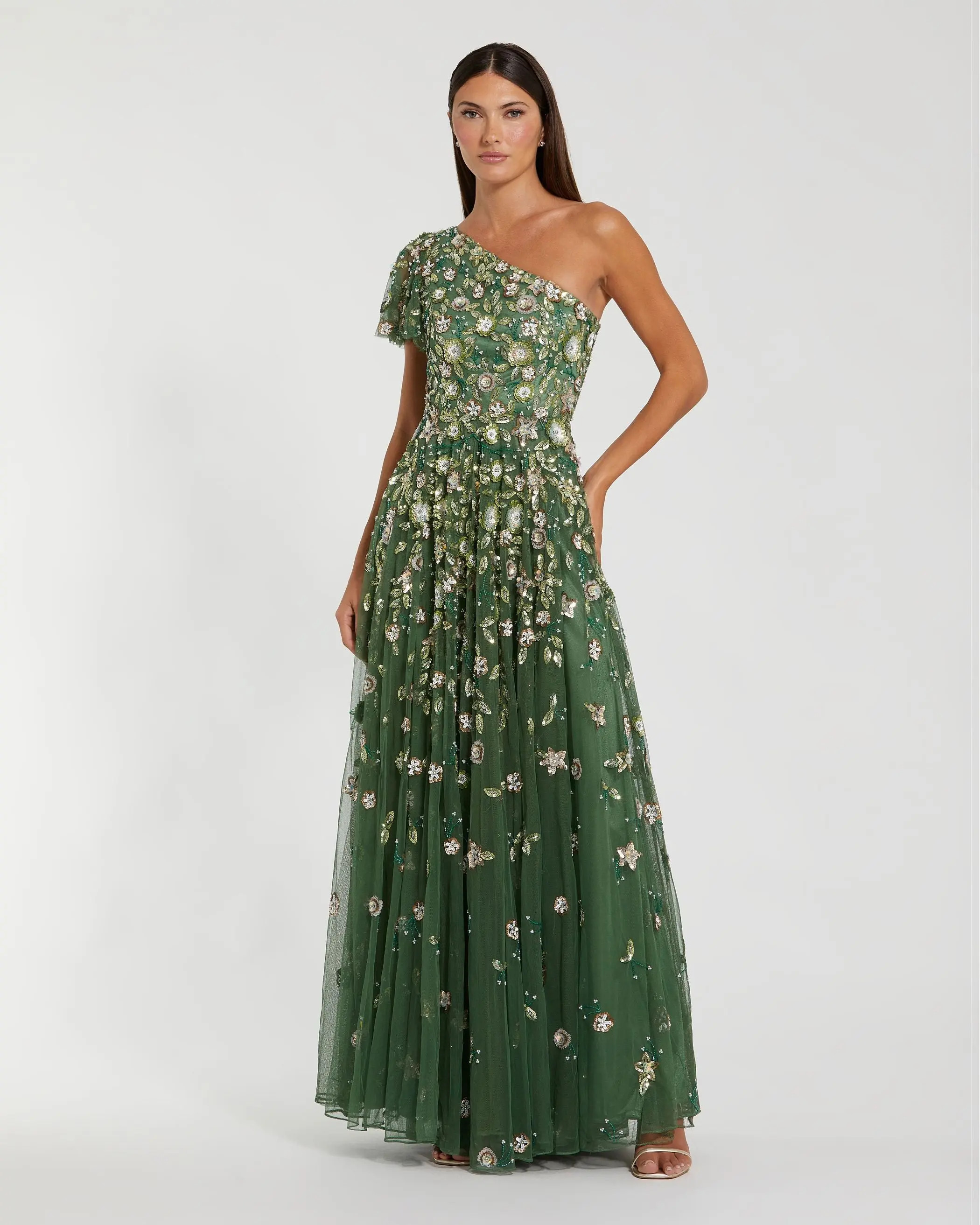 Green One Shoulder Embellished A Line Gown | Mac Duggal | Mac Duggal