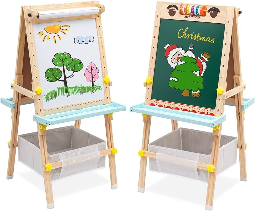 Kids Easel with Paper Roll Double-Sided Whiteboard & Chalkboard Standing Easel with Numbers and O... | Amazon (US)
