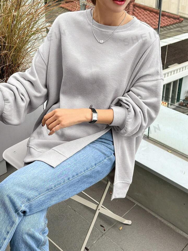 DAZY Drop Shoulder Split Hem Sweatshirt | SHEIN