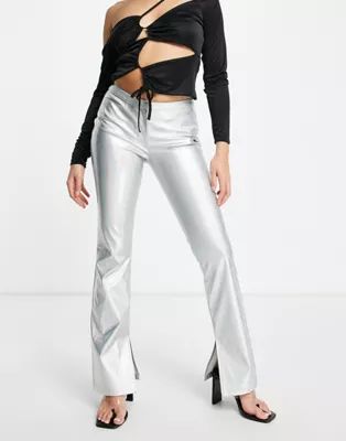 ASOS DESIGN metallic silver flare pants with slit hem | ASOS (Global)